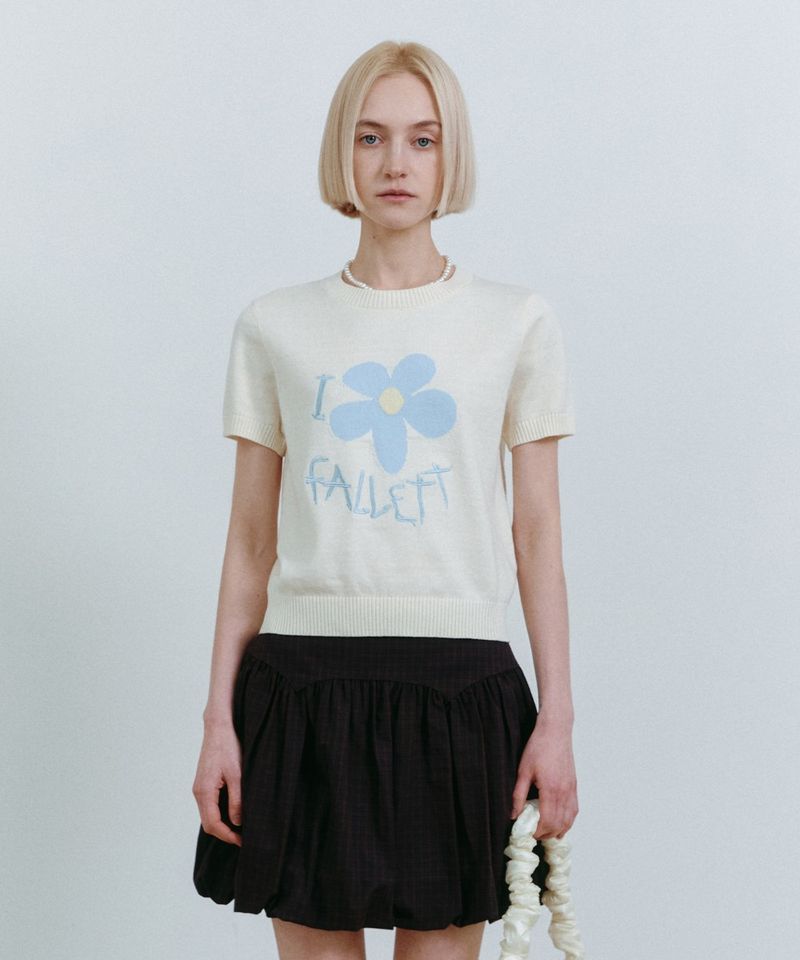 韓國 FALLETT - 繪花短袖毛衣米色