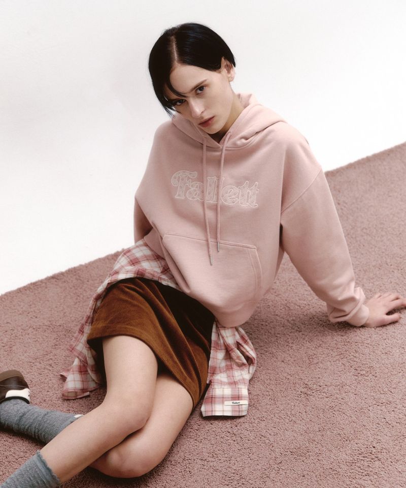 ［韓國限時優惠！］FALLETT - 格仔故事標誌短版連帽衫粉紅