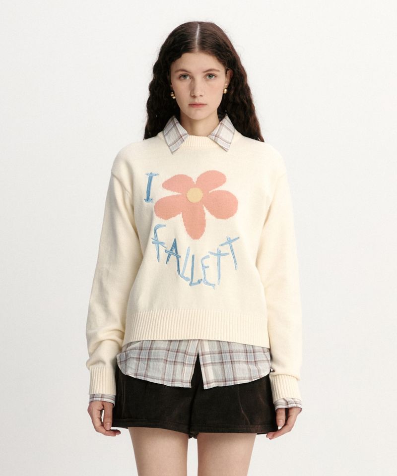 ［韓國限時優惠！］FALLETT - 花卉圖案針織衫象牙色