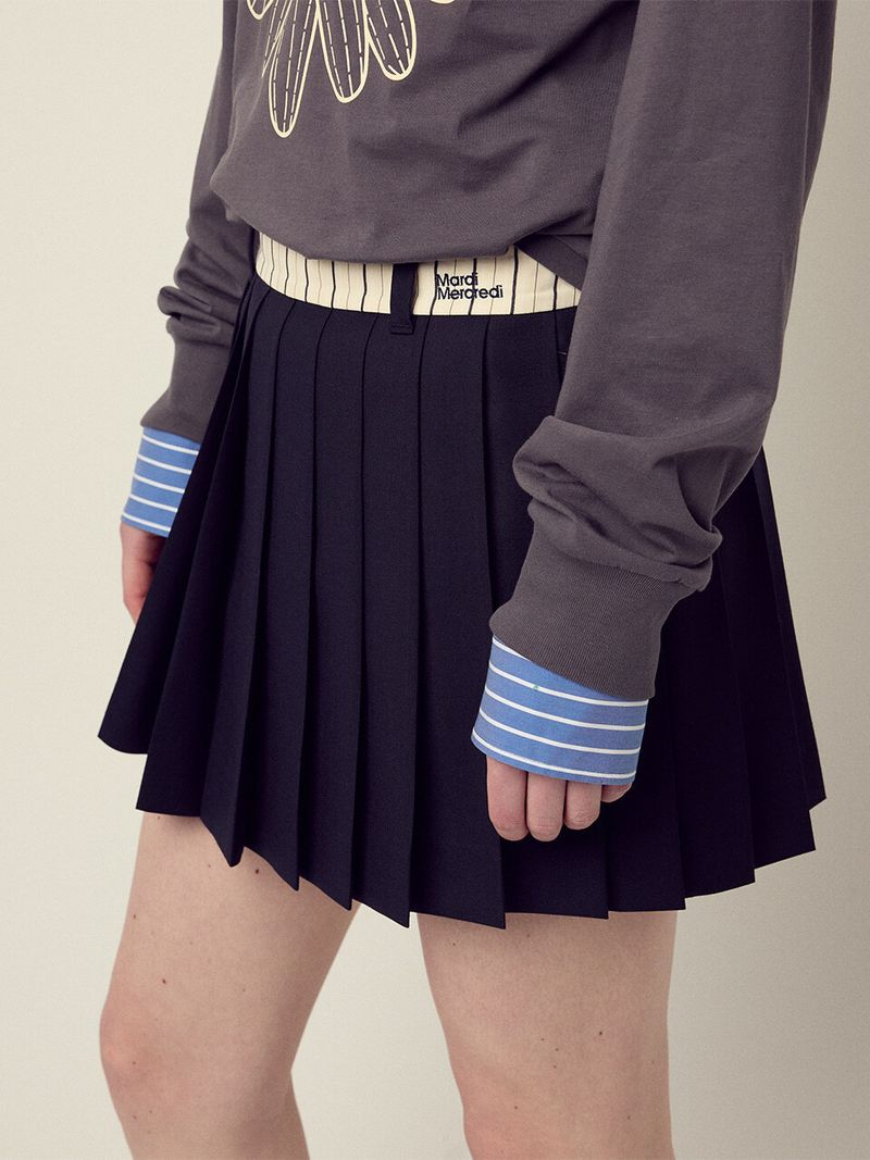 Mardi Mercredi - [9/1 순차배송] WOOL PLEATED MINI SKIRT CONTRAST WAISTBAND_NAVY 
