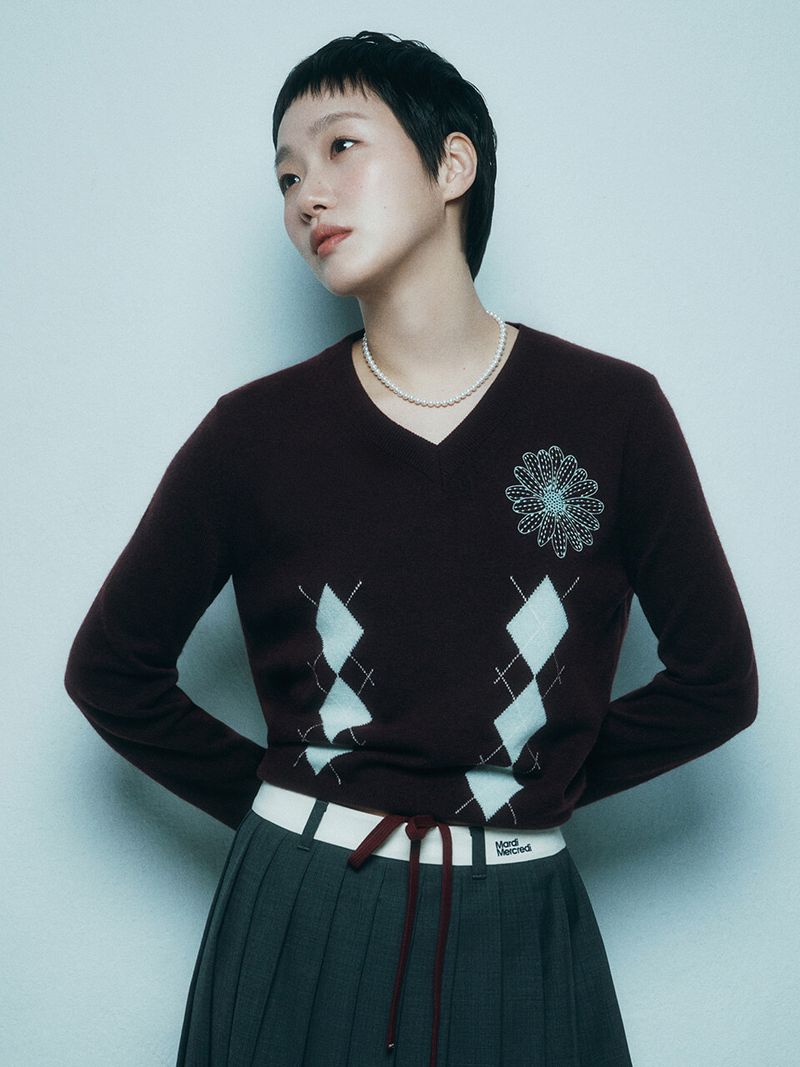 Mardi Mercredi - CASHMERE BLENDED V NECK ARGYLE_BURGUNDY MINT