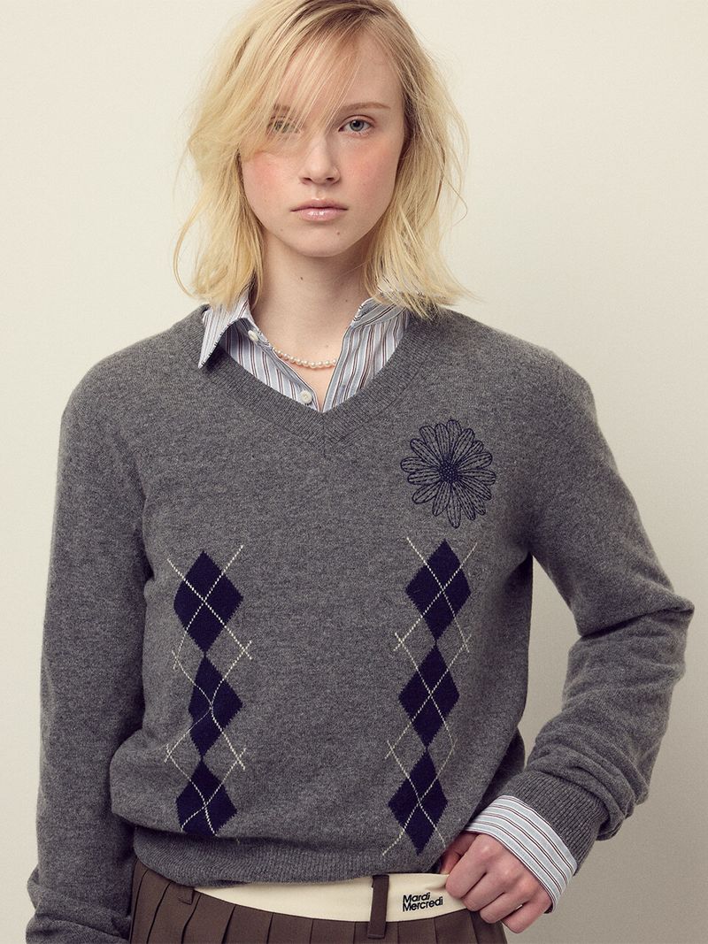 Mardi Mercredi - CASHMERE BLENDED V NECK ARGYLE_DEEPGREY NAVY