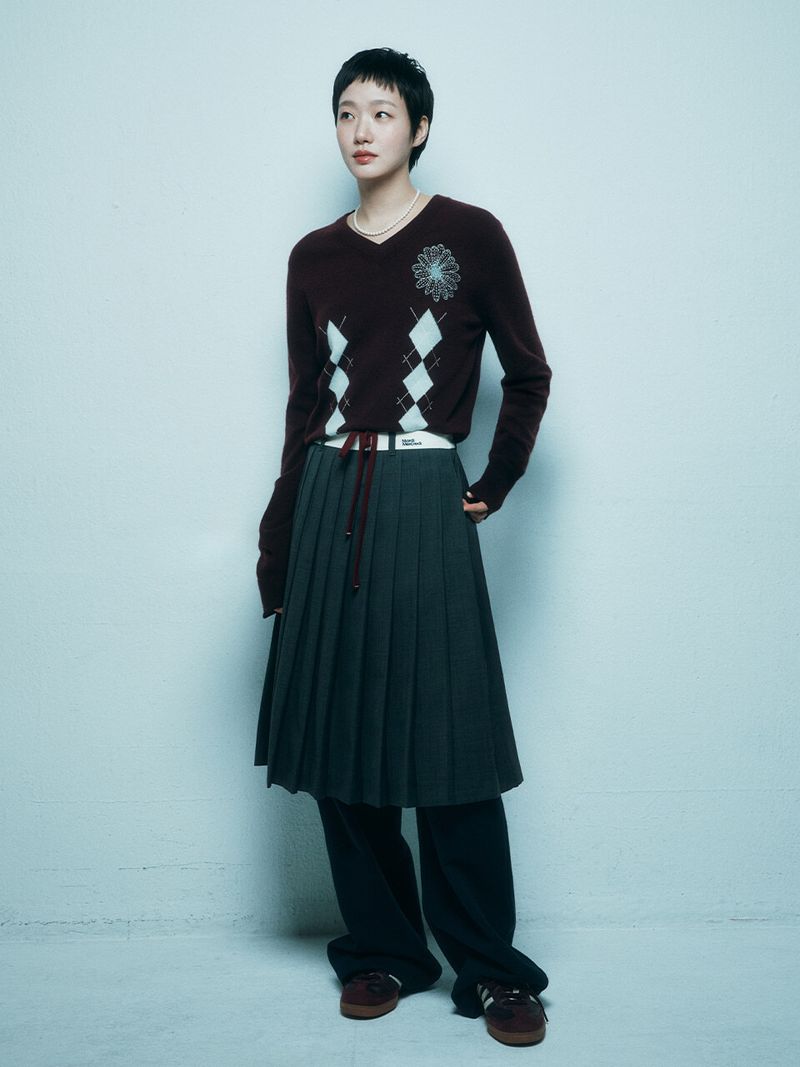 Mardi Mercredi - WOOL PLEATED MII SKIRT CONTRAST WAISTBAND_CHARCOAL