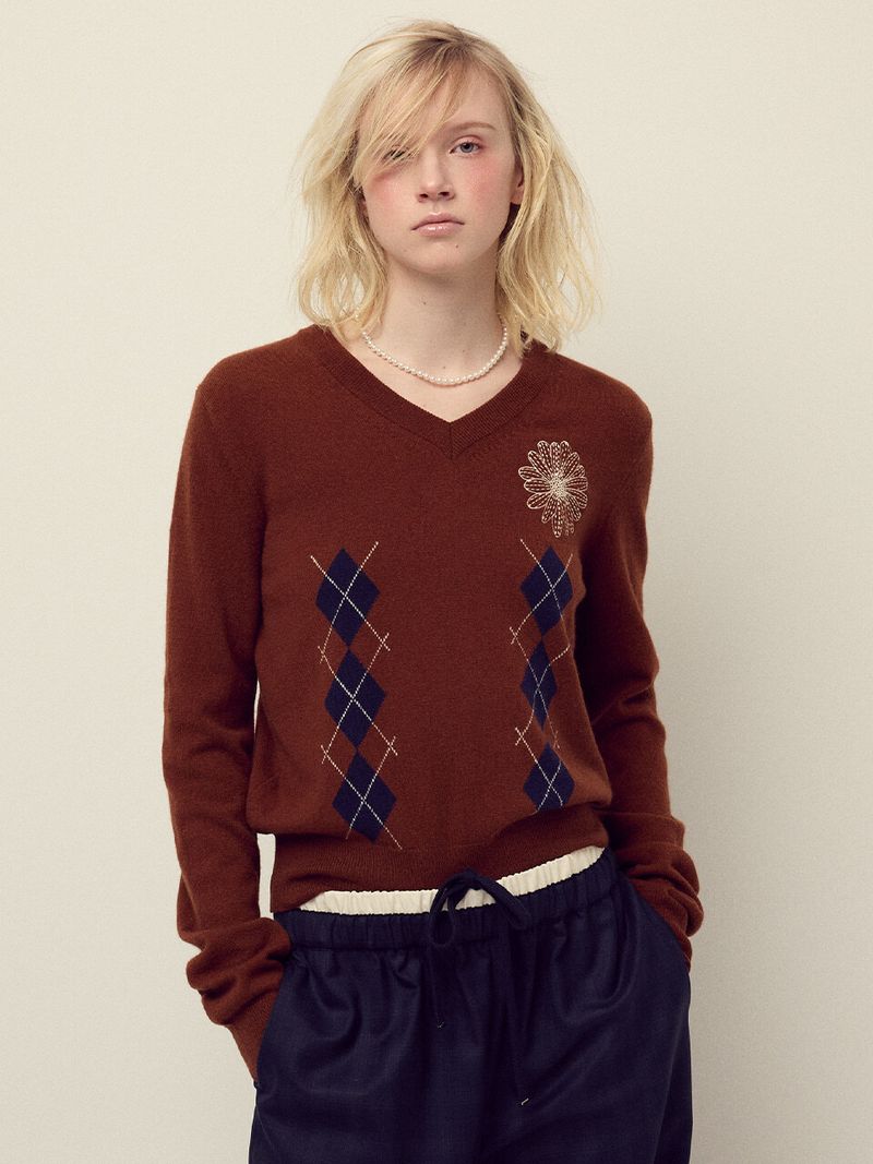 Mardi Mercredi - CASHMERE BLENDED V NECK ARGYLE_CHESTNUT IVORY