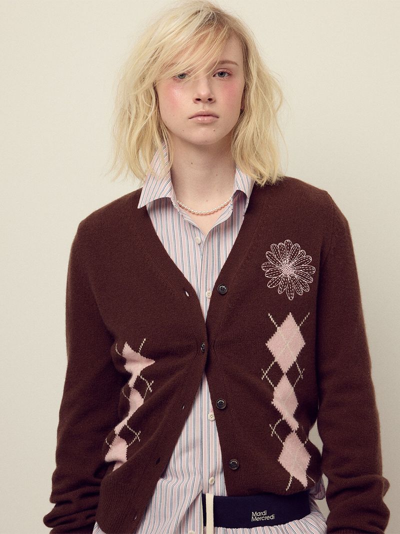 Mardi Mercredi - CASHMERE BLENDED CARDIGAN V NECK ARGYLE_CHOCOLATE PINK