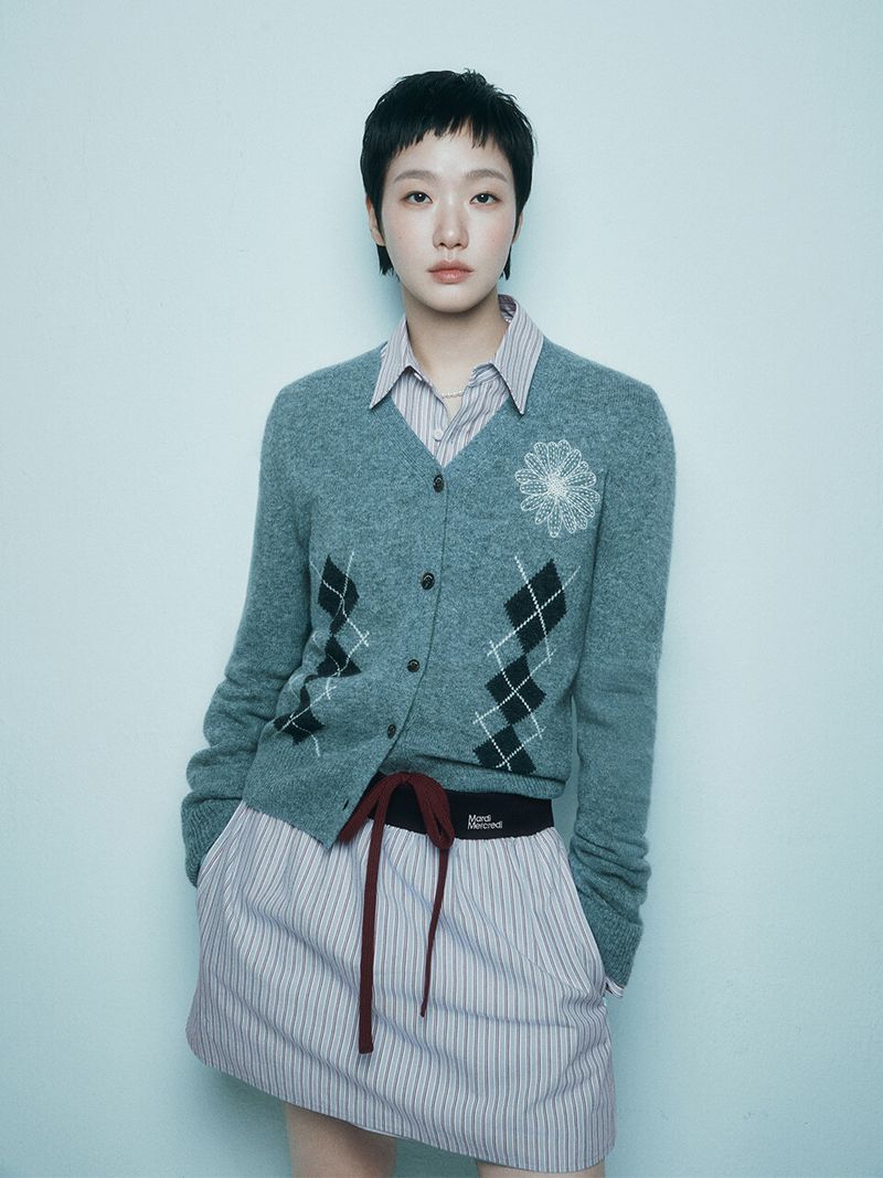 Mardi Mercredi - CASHMERE BLENDED CARDIGAN V NECK ARGYLE_GREY CREAM