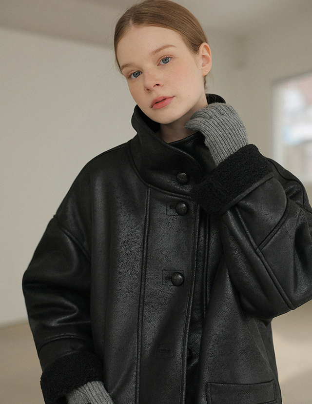 roompacker - 유키 덤블 레더 무스탕 자켓_black♡韓國女裝外套