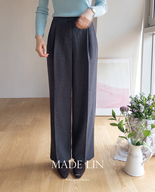 leelin - [[신상특가 6천원 할인]MADE LIN오브텐 버튼 기모원턱 와이드 슬랙스[size:S,M,L]]♡韓國女裝褲