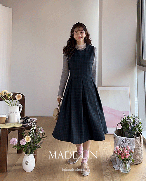 leelin - [MADE LIN 라프넬 울체크 플리츠 나시 원피스 [size:F(5566)]]♡韓國女裝連身裙