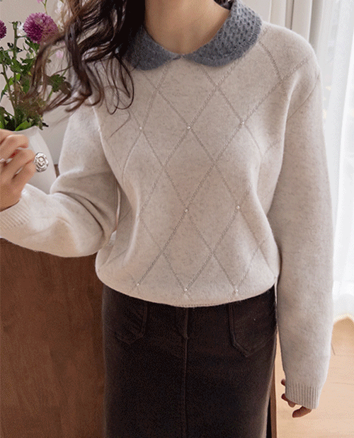 leelin - [르니아 다이아패턴 둥근카라 진주포인트 니트 [size:F(5566)]]♡韓國女裝上衣