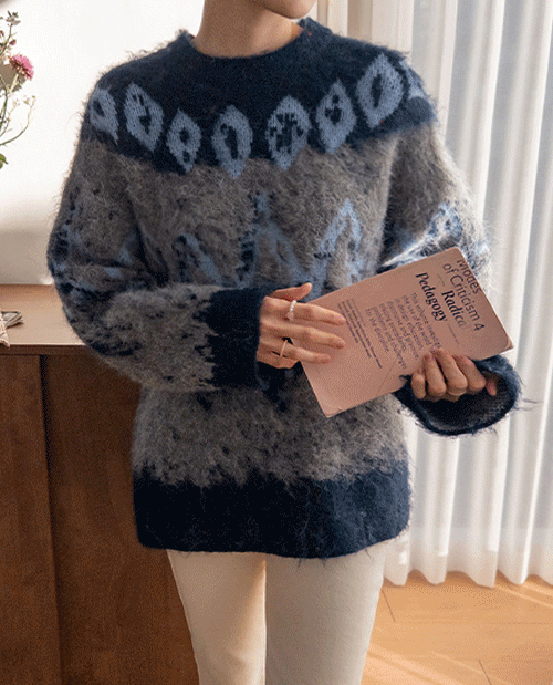 leelin - [[네이비][울 60%]베이론 부들폭닥 여리핏 헤어리 노르딕 니트 [size:F(5566반)]]♡韓國女裝上衣