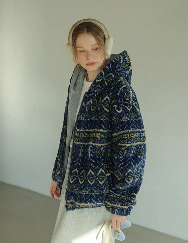 roompacker - 트린 그래픽 보아 후드 점퍼_navy♡韓國女裝外套