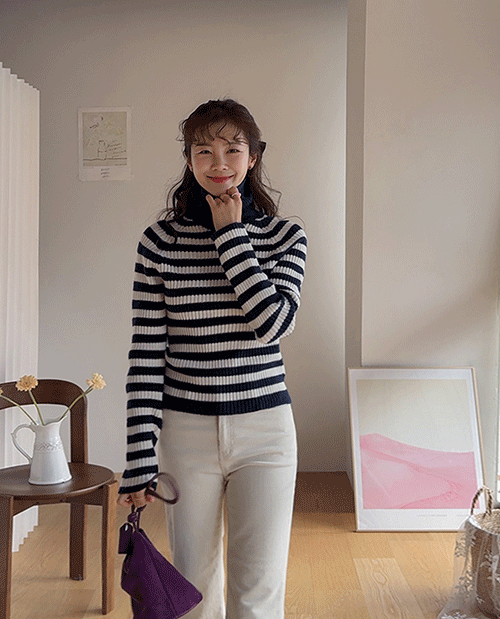 leelin - [벨린 쫀쫀텐션 데일리 스트라이프 터틀넥 니트 [size:F(5566)]]♡韓國女裝上衣