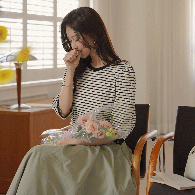 clicknfunny - 클릭앤퍼니 - 켐레이스 스트라이프티셔츠 ♡韓國女裝上衣