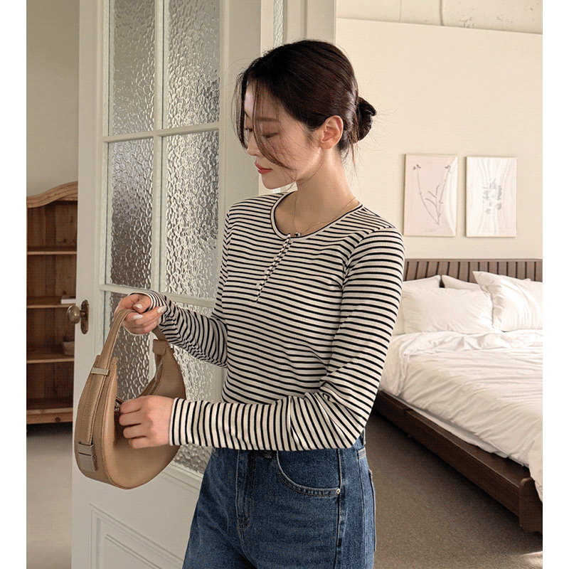 clicknfunny - 클릭앤퍼니 - 룸첸버튼 스트라이프티셔츠♡韓國女裝上衣