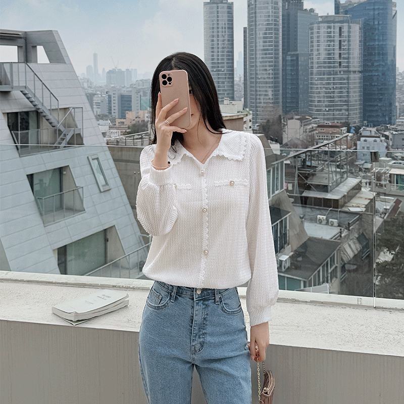 clicknfunny - 클릭앤퍼니 - 틸진주버튼 카라블라우스♡韓國女裝上衣