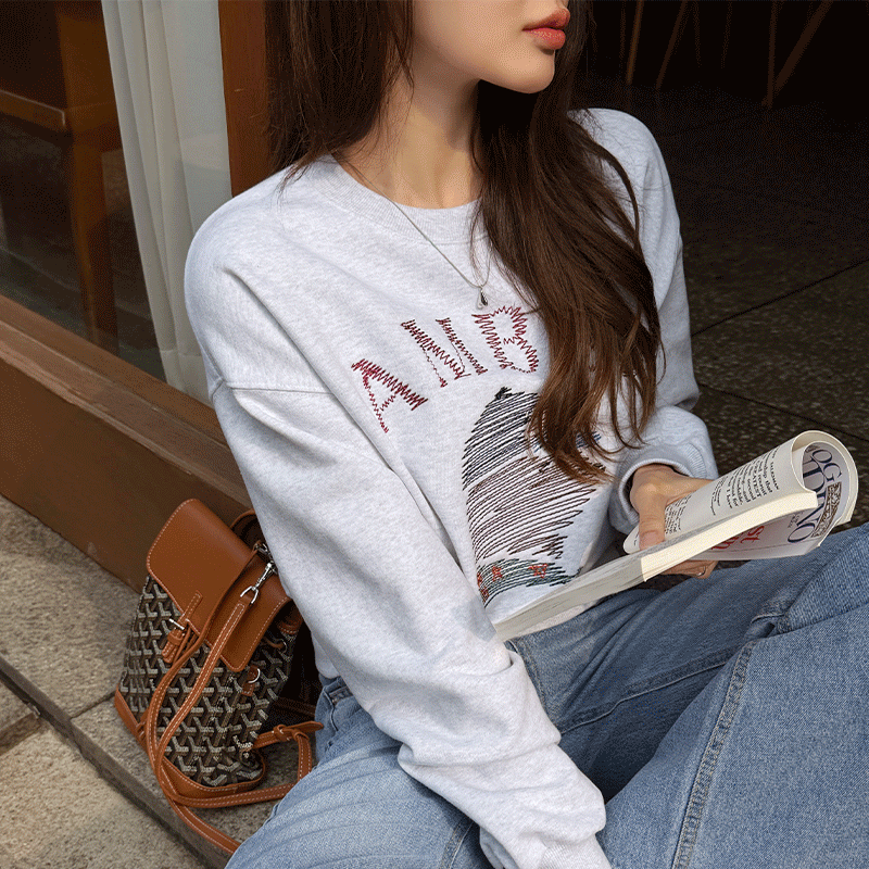 clicknfunny - 클릭앤퍼니 - 엠비든 자수맨투맨티♡韓國女裝上衣