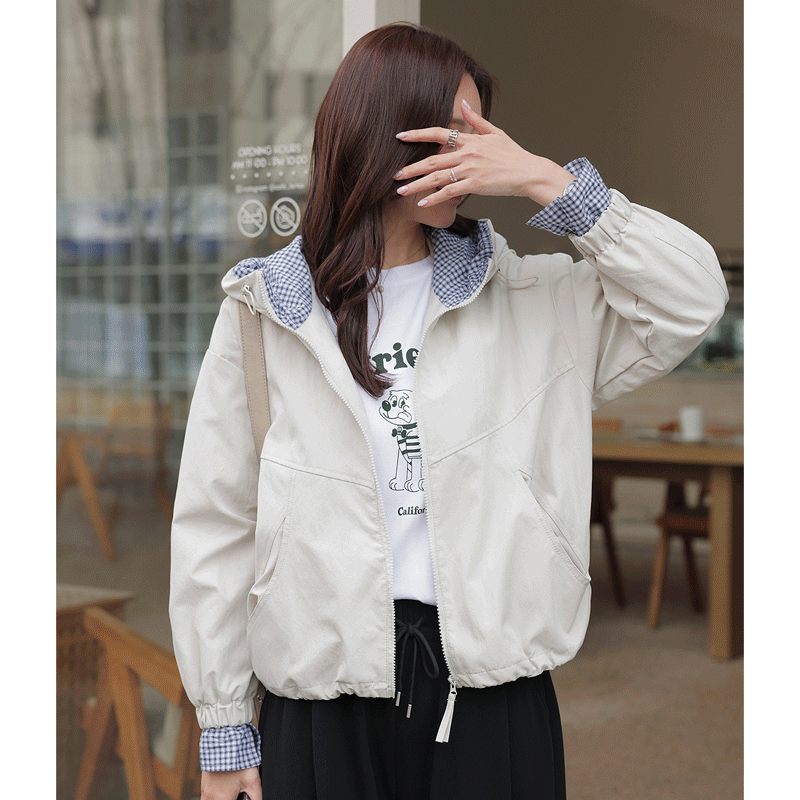 clicknfunny - 클릭앤퍼니 - 셀룻체크 배색윈드점퍼♡韓國女裝外套