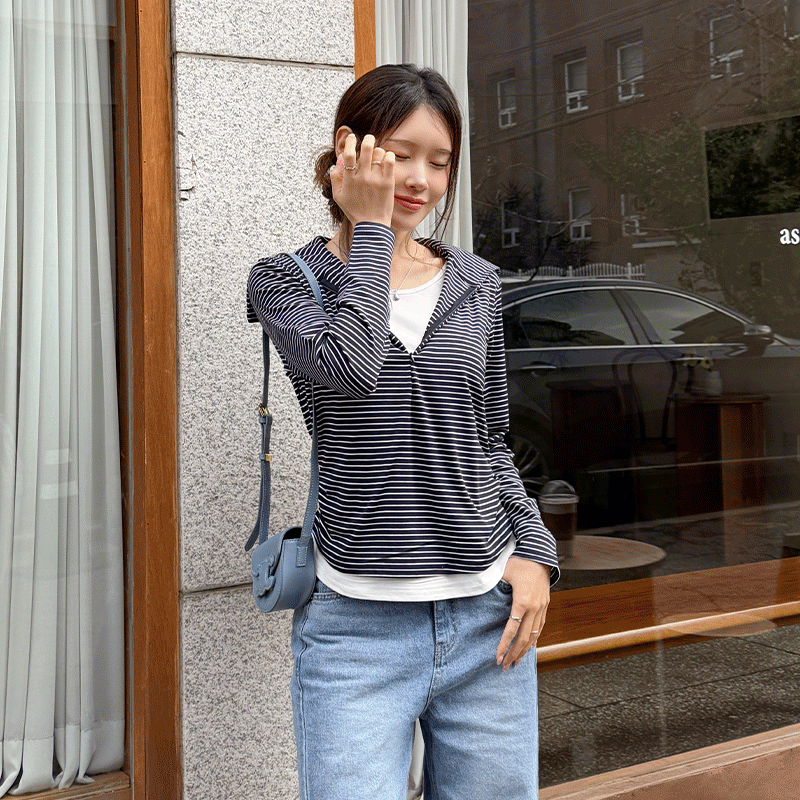 clicknfunny - 클릭앤퍼니 - 빔스트라이프 레이어드티셔츠♡韓國女裝上衣