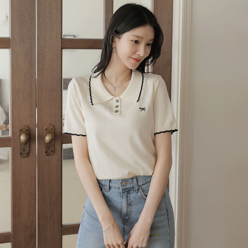 clicknfunny - 클릭앤퍼니 - 빈델펀칭 리본자수니트♡韓國女裝上衣