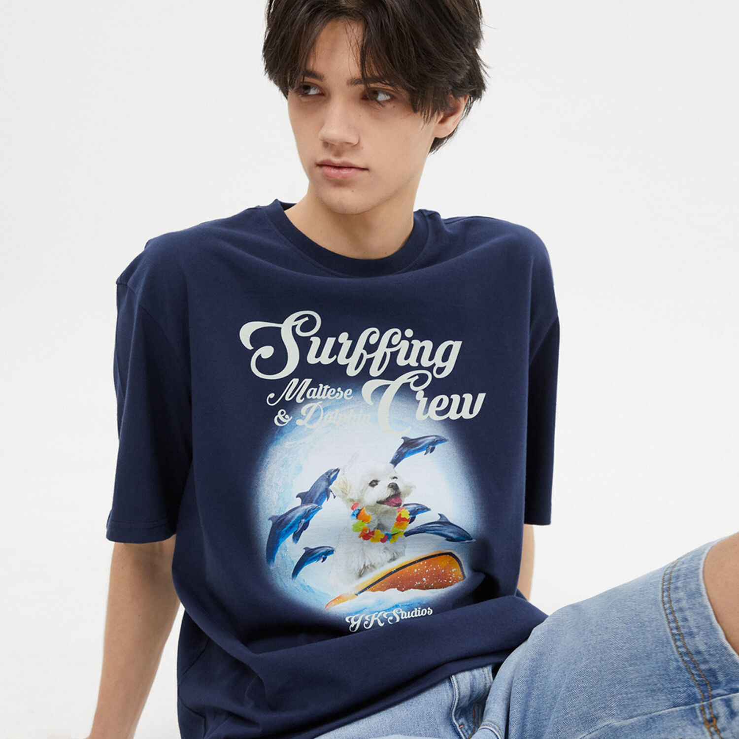 ★WAIKEI★ Puppy Dolphin Surfing Crew Short Sleeve T-Shirt P 韓國WAIKEI - Puppy Dolphin Surfing Crew Short Sleeve T-shirt